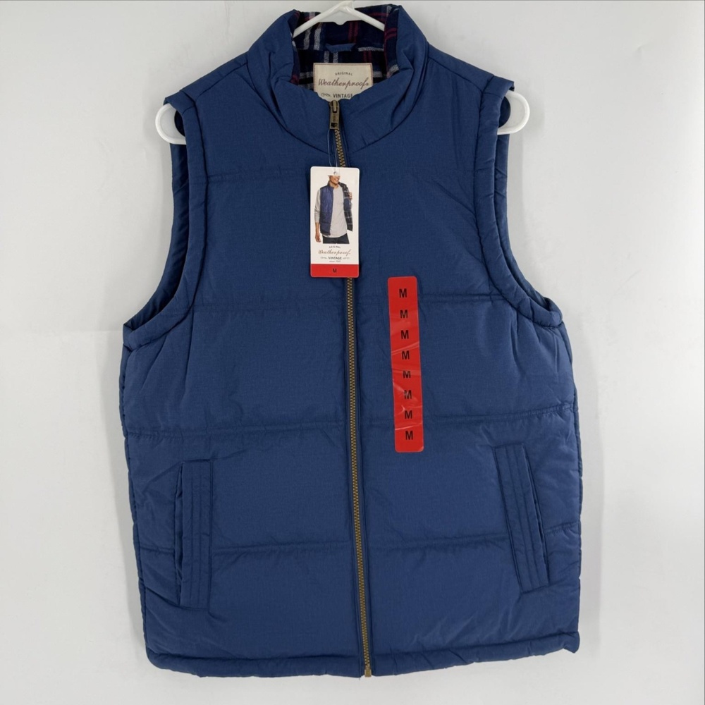 Weatherproof Vintage Vest Mens Medium Blue Flannel Lined Quilted Puffer Full Zip